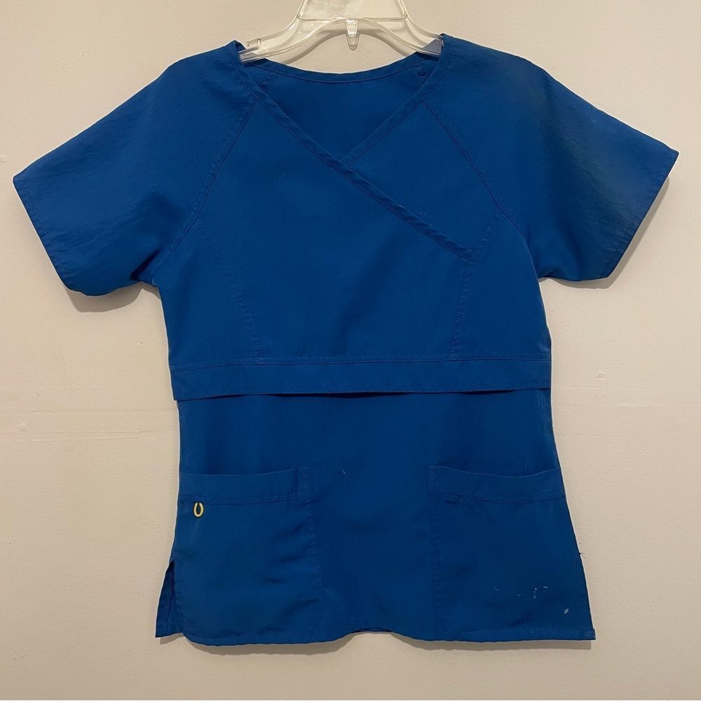 WonderWink Blue V-Neck Scrub Top with Pockets Womens Small Work Wear